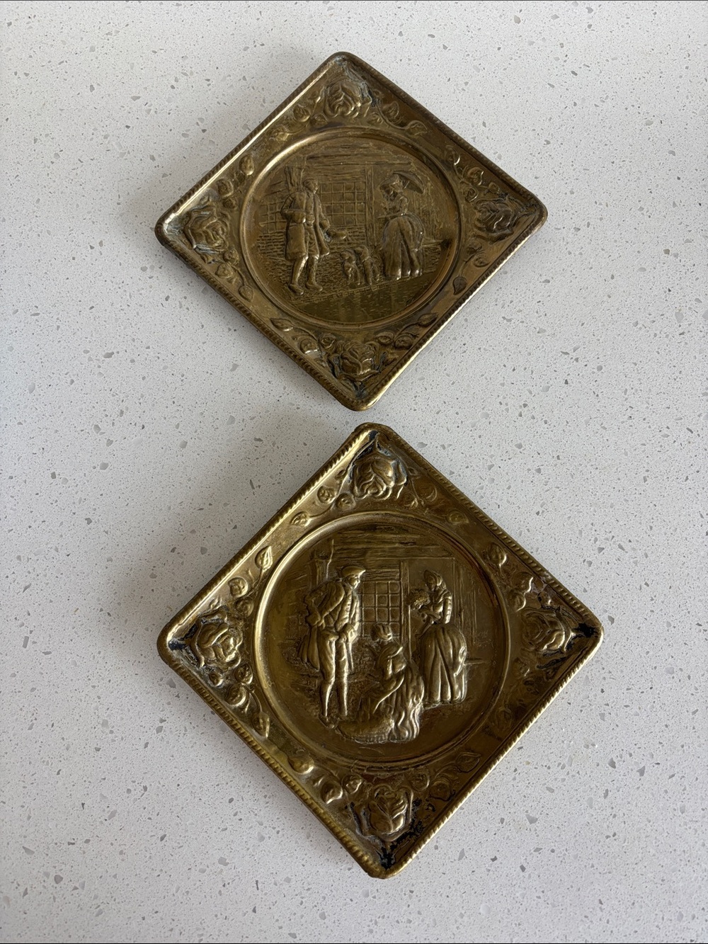 Vintage Elpec English Brass Wall Plaques - Matching Pair 7x7 Tavern Scene Roses